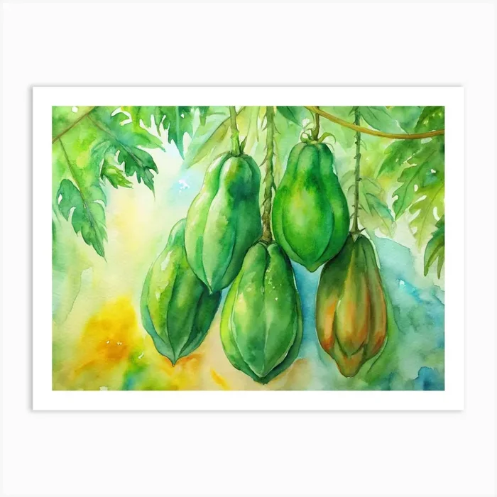 3 Bright Green Papayas Hanging From The Tree Art Print by Posterly Studio home decor