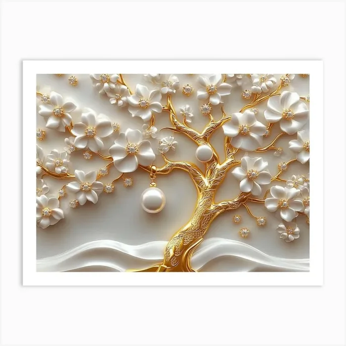 3d Gold Tree of Life White Pearl and Flowers Art Print by Divine Studio