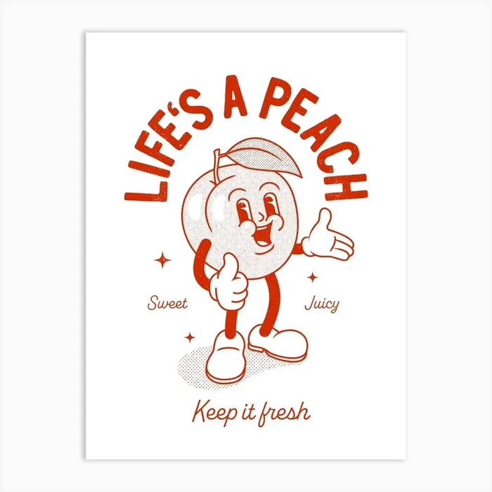 ‘Life’s a Peach’ retro kitchen print in red Art Print by Rocket Jack
