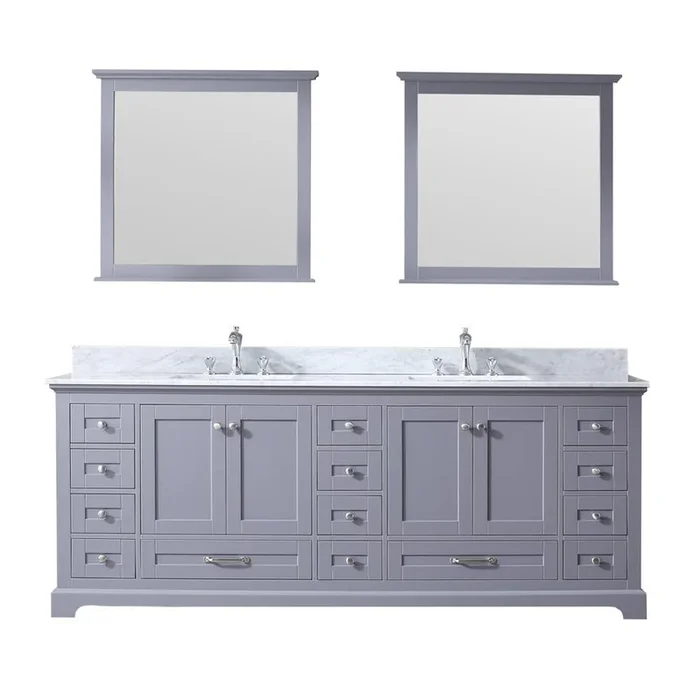 84 ” Dark Grey Double Vanity, White Carrara Marble Top, Square Sinks, 34 ” Mirrors