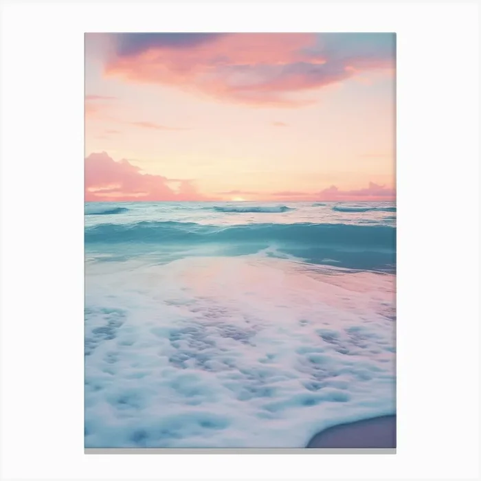 A Blue Ocean And Beach At Sunset With Waves Pink Photography 3 Canvas Print by Sand & Surf Prints