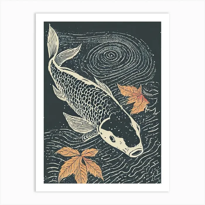 A Carp Koi Pond Reflecting Autumn Leaves Ukiyo-E Style Art PrintAB by Art Boutique