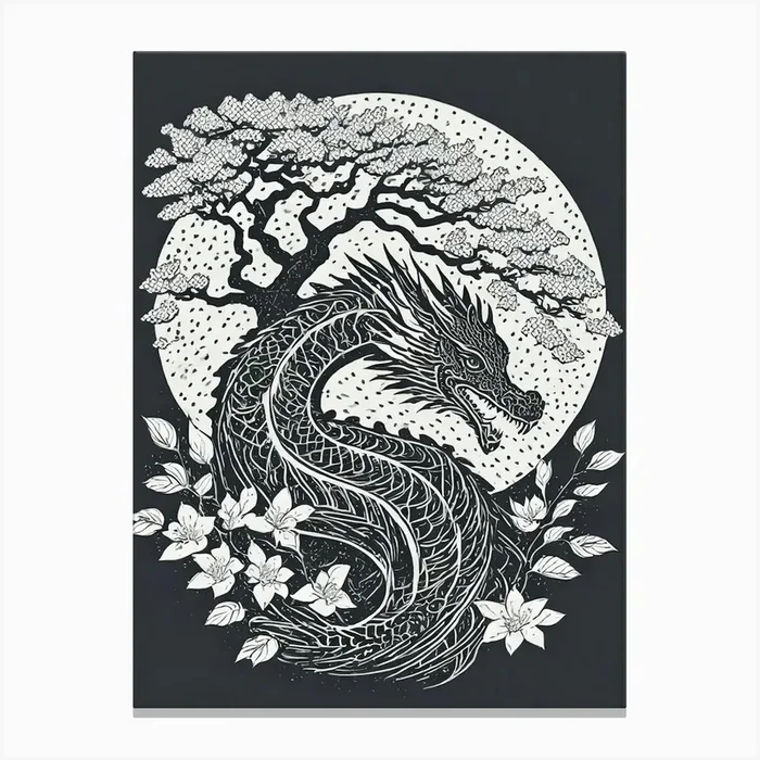 A Dragon Coiled Around A Cherry Tree Ukiyo-E Style Canvas PrintAB by Art Boutique
