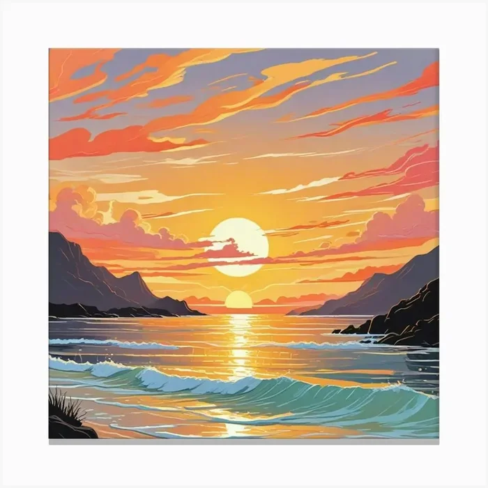 A Painting Of A Sunset With Seagulls Flying Above The Ocean (4) Canvas Print by Hamza