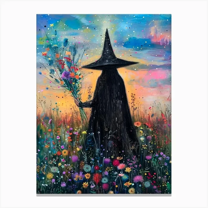 A Witch Watches the Sunrise Gathering Wildflowers | Colorful Witchcraft Painting | Summerween Summer Halloween Spooky Cute Wall Decor | Pagan Print Summer Solstice Litha in HD Canvas PrintFS by Free Spirits & Hippies