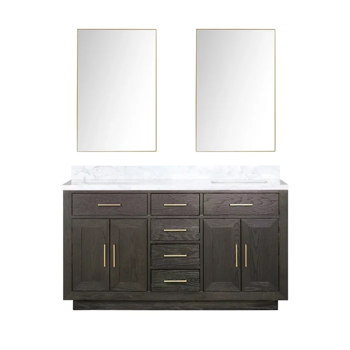 Abbey 60 in W x 22 in D Brown Oak Double Bath Vanity, Carrara Marble Top, and 28 in Mirrors