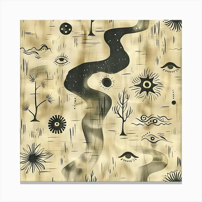 Abstract Beige Textile Design With River Eyes Stars And Trees Canvas Print by BestArt
