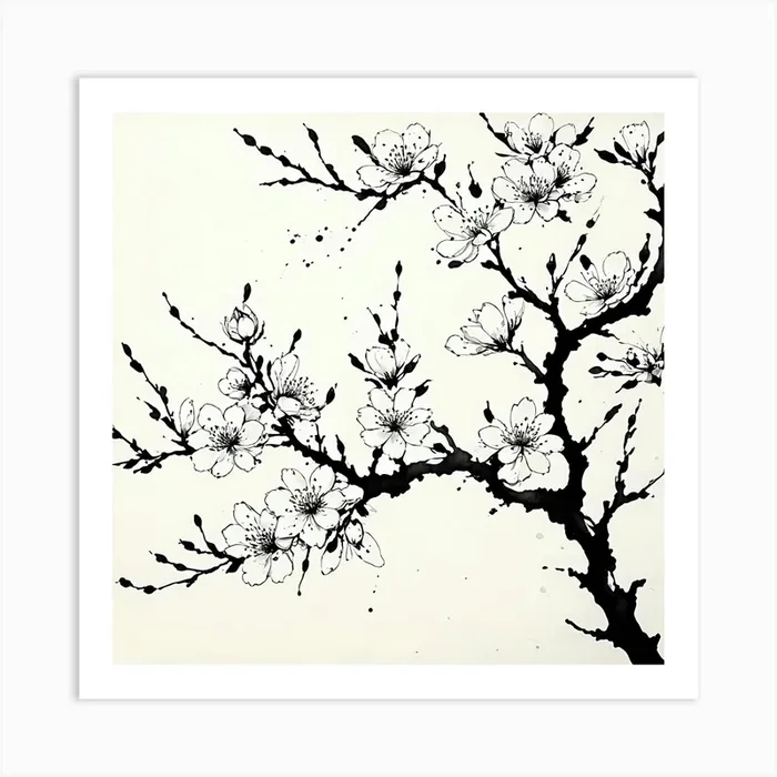 Abstract ink painting art of elegance flower with branches Art Print by Vinzlim