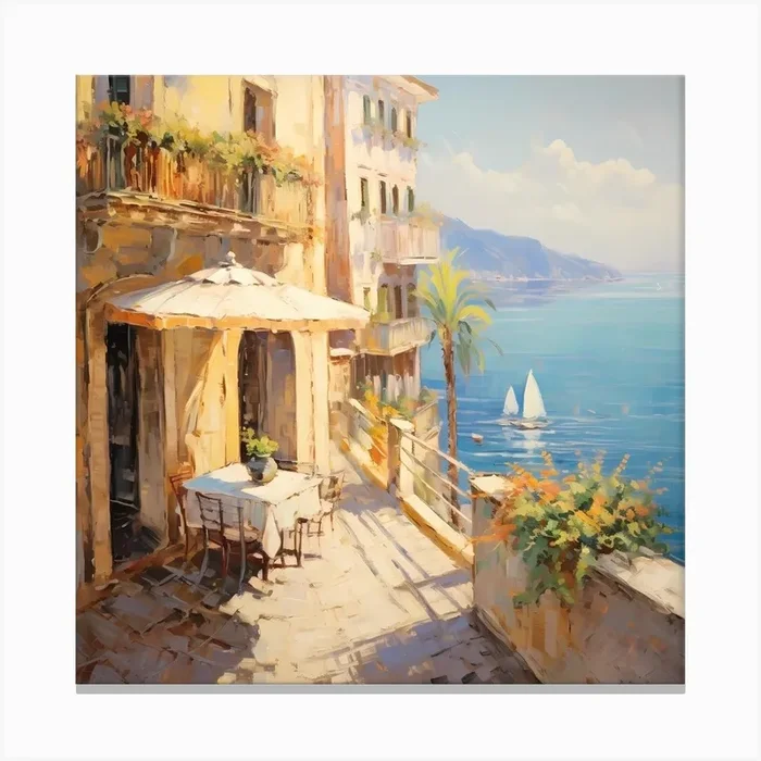 AI Sunlit Serenity: Echoes of Monet’s Italian Idyll Canvas Print by Quantum Vivid Digital Art