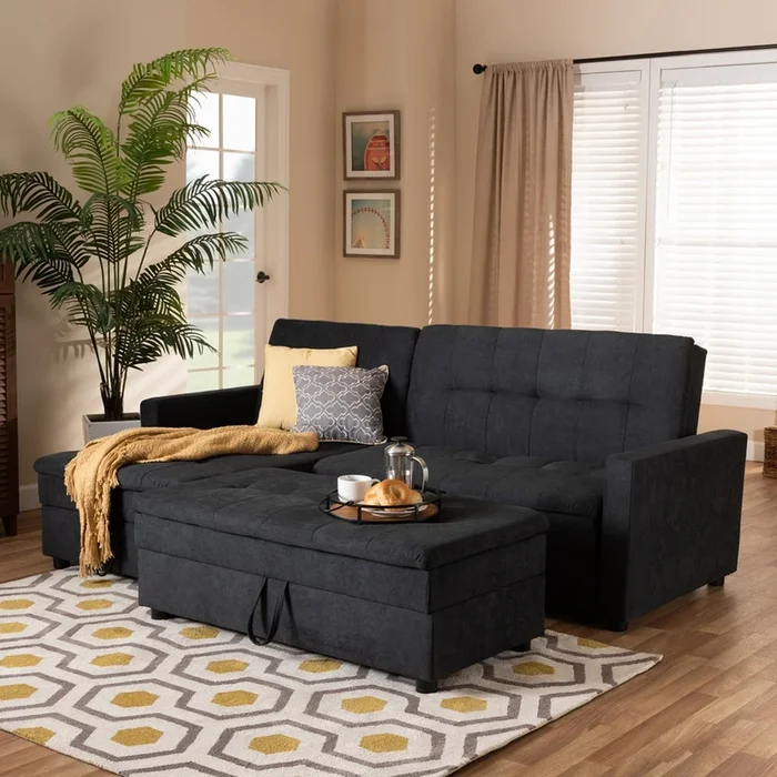 Alexis Modern Dark Grey Fabric Left Facing Storage Sectional Sleeper Sofa With Ottoman
