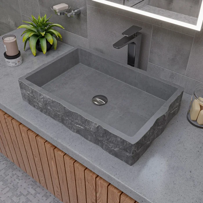 ALFI brand ABCO24R 24 ” Solid Concrete Chiseled Style Rectangular Above Mount Vessel Sink