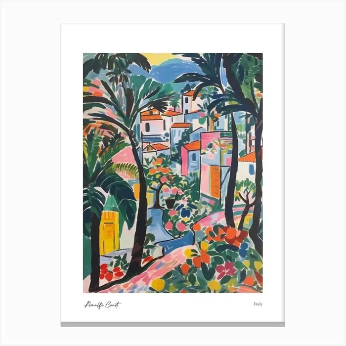 Amalfi Coast Matisse Style, Italy 3 Watercolour Travel Poster Canvas Print by Fusion Designs