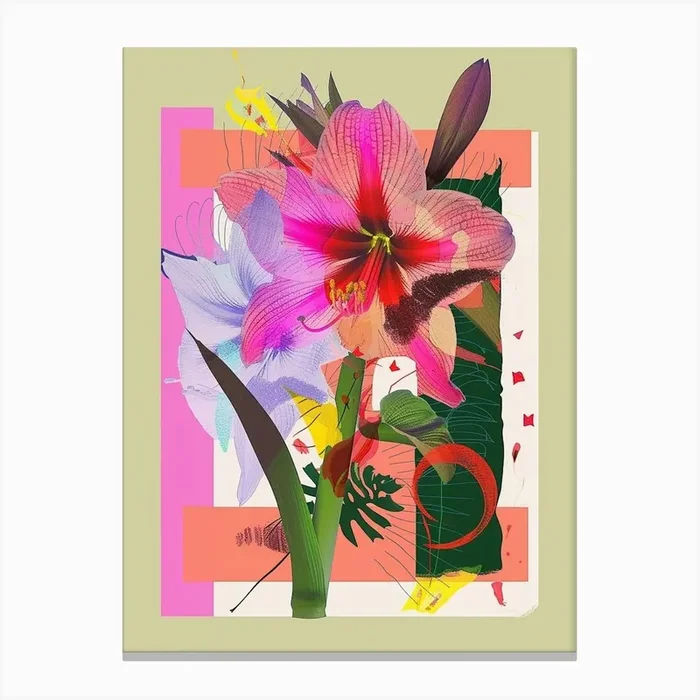 Amaryllis 1 Neon Flower Collage Canvas Print by Botanic Studio