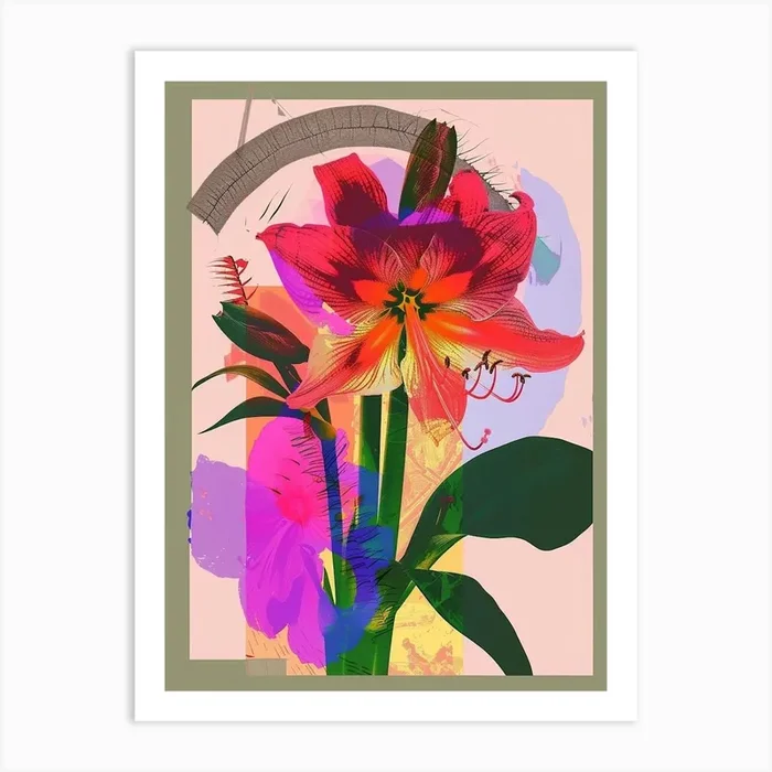 Amaryllis 7 Neon Flower Collage Art Print by Botanic Studio