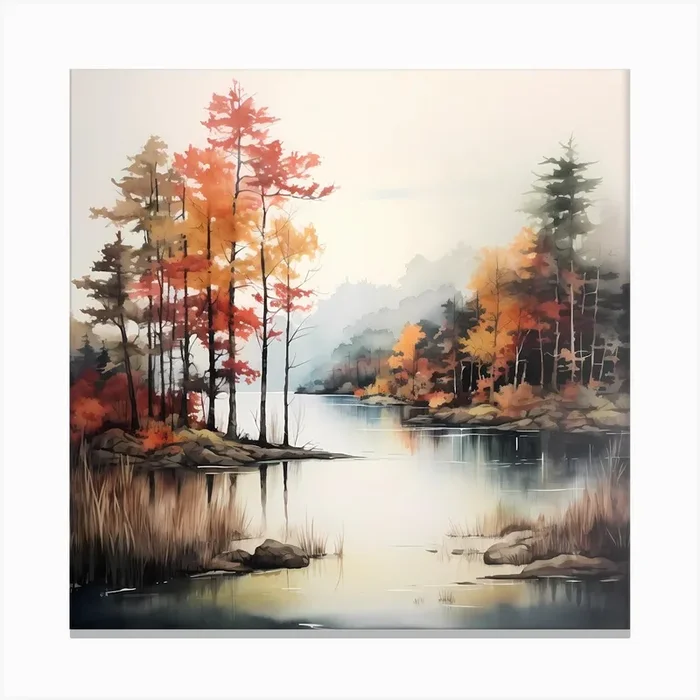 Amber Aura: Serene Autumn Landscape in Hudson’s Grace Canvas Print by Quantum Vivid Digital Art