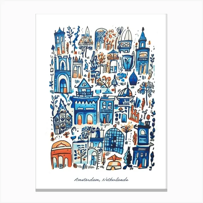 Amsterdam Netherlands Landmarks Illustration Line Art Travel Blue Canvas Print by Mambo