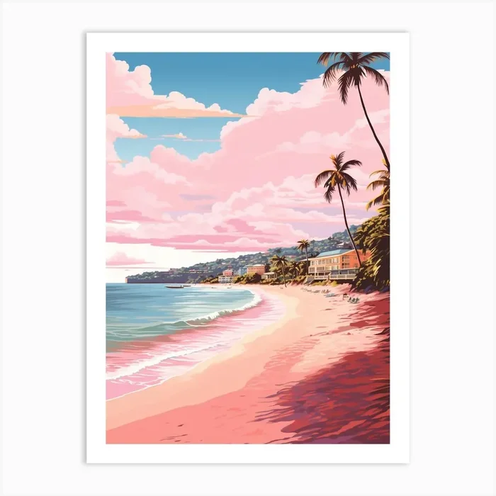 An Illustration In Pink Tones Of Grand Anse Beach Grenada 1 Art Print by Sand & Surf Prints