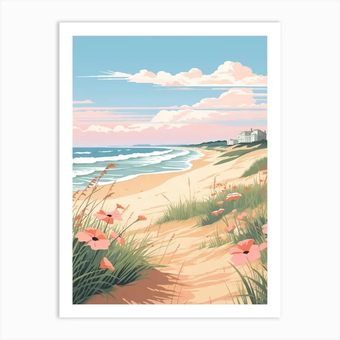 An Illustration In Pink Tones Of Outer Banks Beach North Carolina 4 Art Print by Sand & Surf Prints
