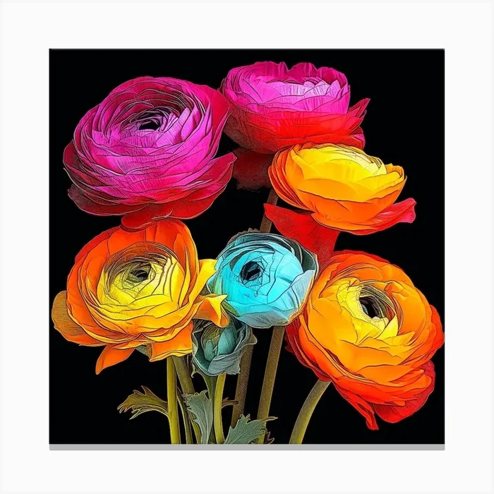 Andy Warhol Style Pop Art Flowers Ranunculus 1 Square Canvas Print by Botanic Studio
