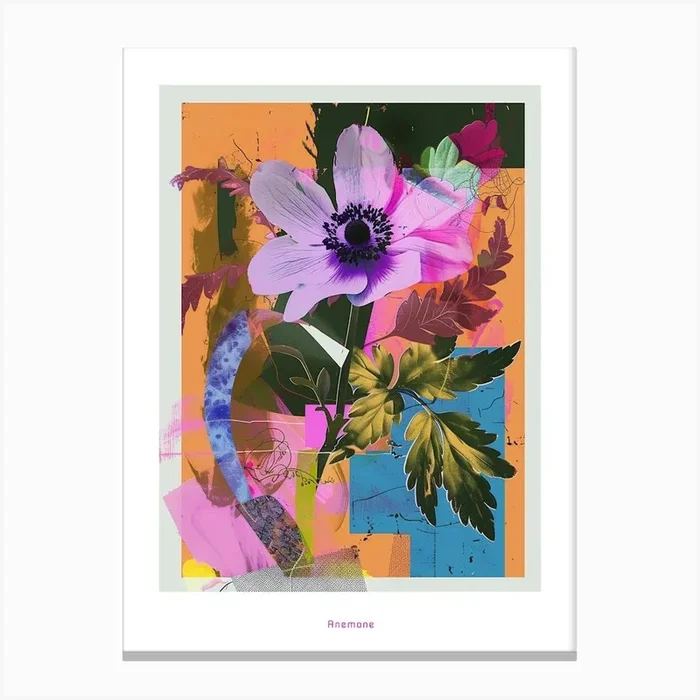 Anemone 2 Neon Flower Collage Poster Canvas Print by Botanic Studio