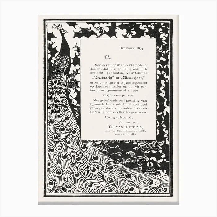 Announcement And Order Card With Peacocks (In Or Before 1894), Theo Van Hoytema Canvas Print by Fy! Classic Art Prints and Posters
