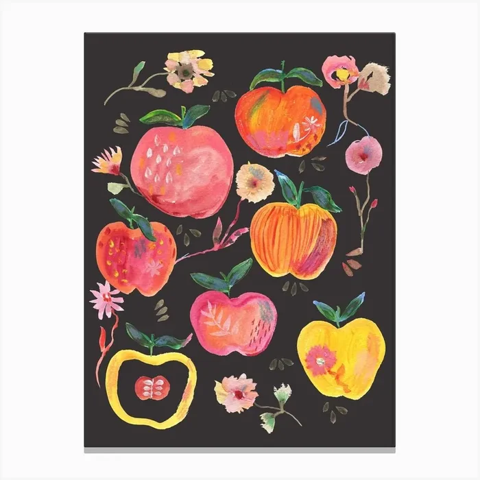 Apples And Florals Black Canvas Print by Subhashini Narayanan