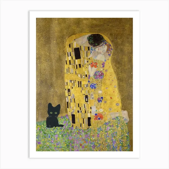 Art The Kiss, Gustav Klimt Inspired Art Print Grey Cat Art Print by Mambo