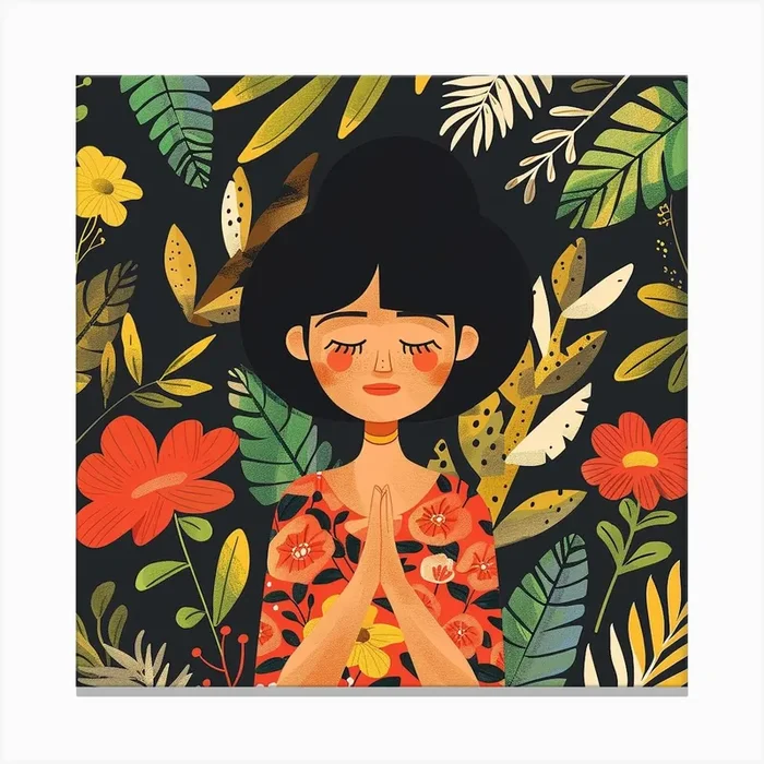 Asian Girl Praying With Flowers Canvas Print by Happy Wall Art