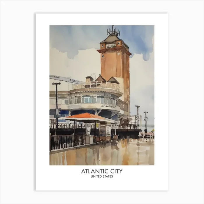 Atlantic City 1 Watercolour Travel Poster Art Print by Fusion Designs