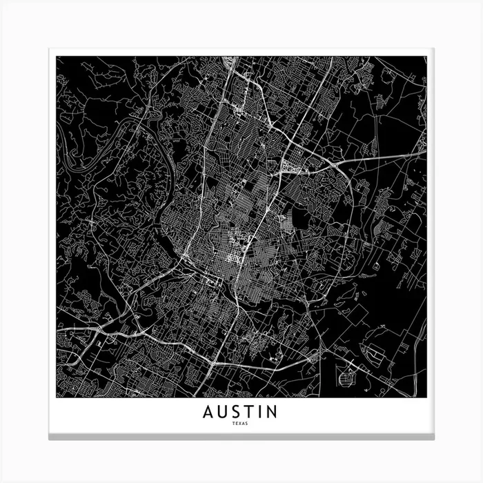 Austin Black And White Map Square Canvas Print by multipliCITY