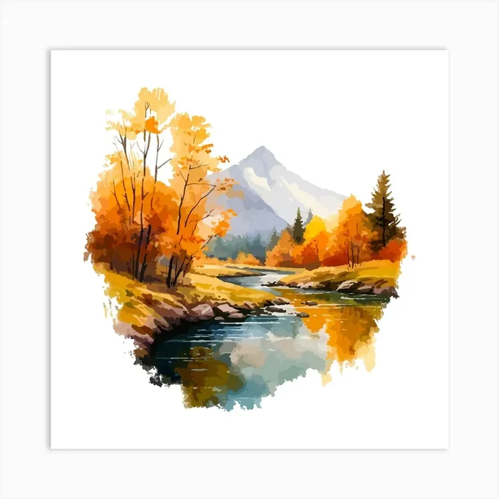 Autumn Landscape Watercolor Painting Art Print by aPRESM