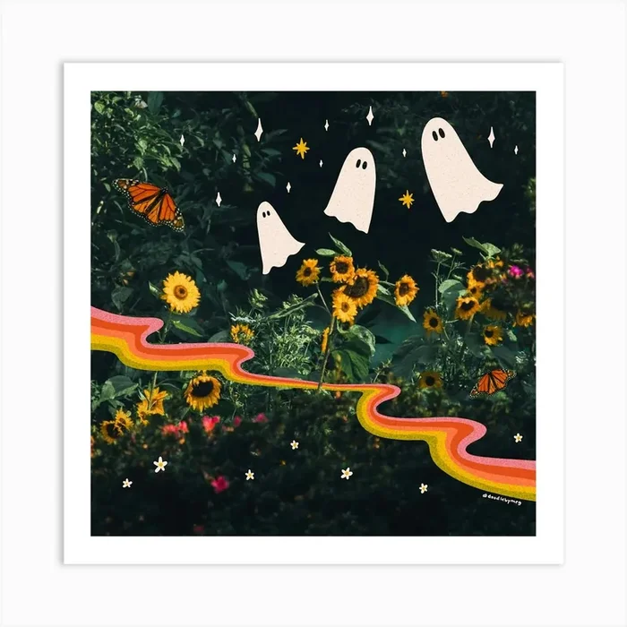 Autumn Sunflower Ghost Collage Art Print by Doodle By Meg