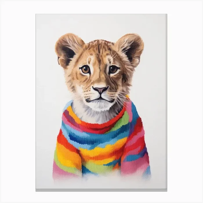 Baby Animal Wearing Sweater Lion 1 Canvas Print by Scribble Studio