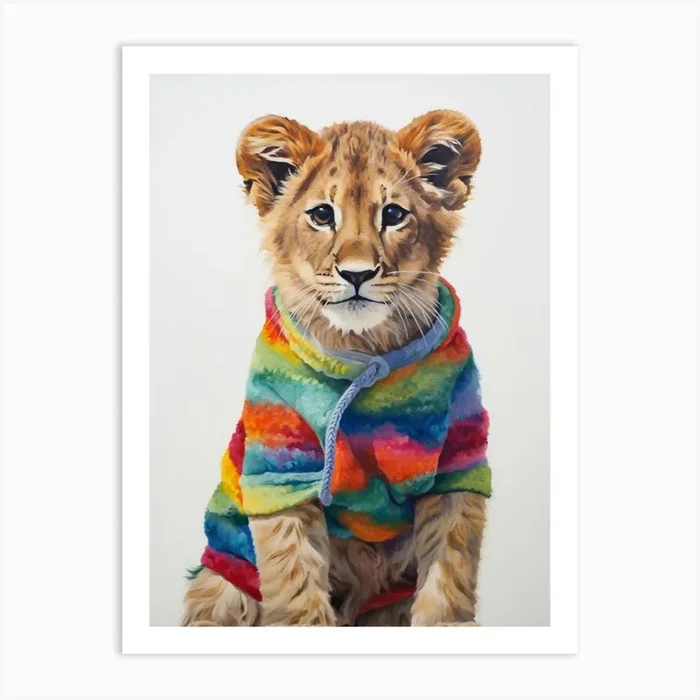 Baby Animal Wearing Sweater Lion 3 Art Print by Scribble Studio