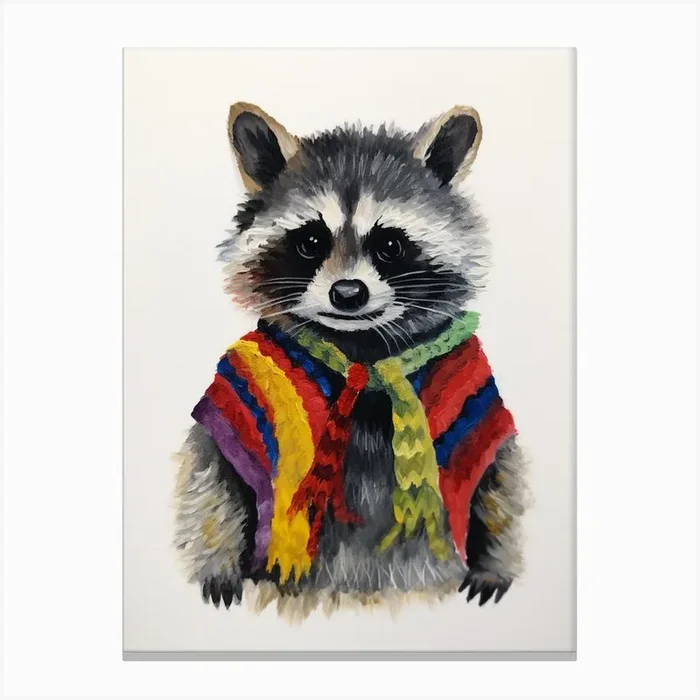 Baby Animal Wearing Sweater Raccoon 1 Canvas Print by Scribble Studio