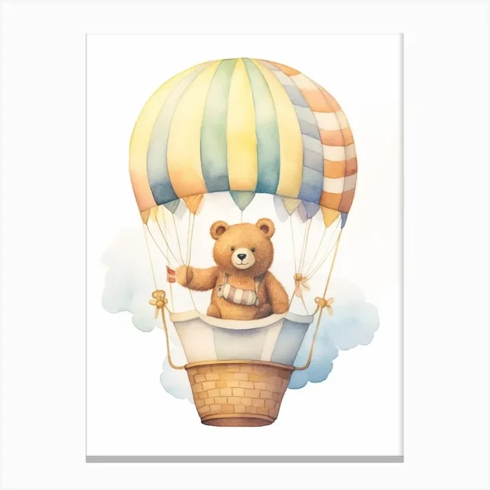 Baby Bear 1 In A Hot Air Balloon Canvas Print by Scribble Studio