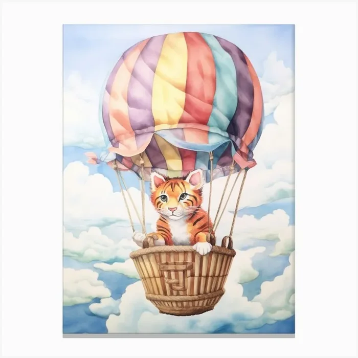 Baby Bengal Tiger In A Hot Air Balloon Canvas Print by Scribble Studio