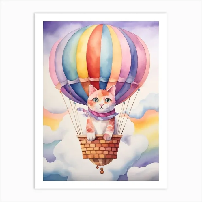 Baby Cat 3 In A Hot Air Balloon Art Print by Scribble Studio