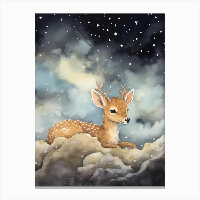 Baby Deer 3 Sleeping In The Clouds Canvas Print by Scribble Studio