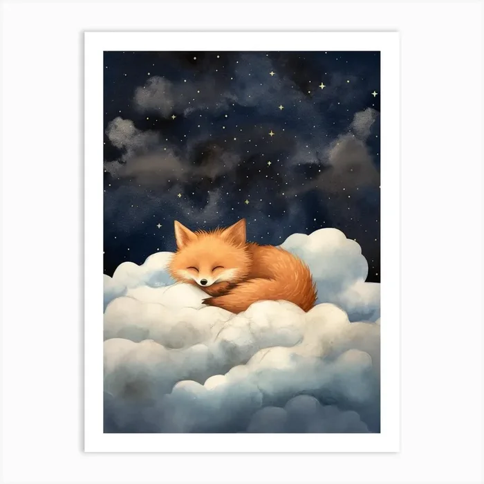 Baby Fox 3 Sleeping In The Clouds Art Print by Scribble Studio