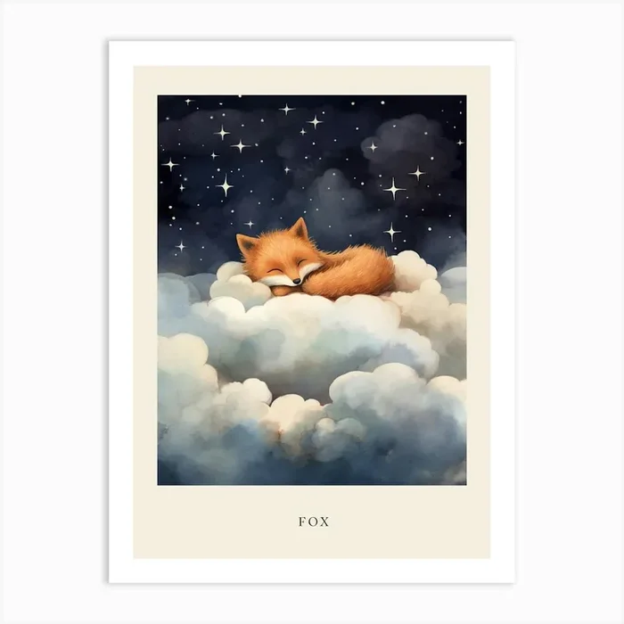 Baby Fox 5 Sleeping In The Clouds Nursery Poster Art Print by Scribble Studio