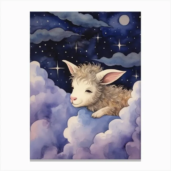 Baby Goat Sleeping In The Clouds Canvas Print by Scribble Studio