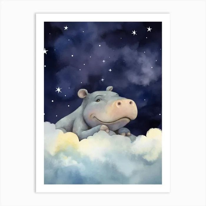 Baby Hippopotamus 2 Sleeping In The Clouds Art Print by Scribble Studio