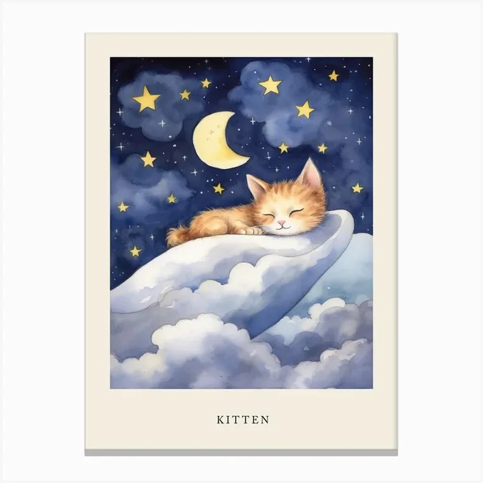 Baby Kitten 11 Sleeping In The Clouds Nursery Poster Canvas Print by Scribble Studio