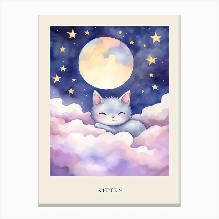 Baby Kitten 8 Sleeping In The Clouds Nursery Poster Canvas Print by Scribble Studio