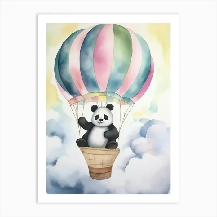 Baby Panda 5 In A Hot Air Balloon Art Print by Scribble Studio