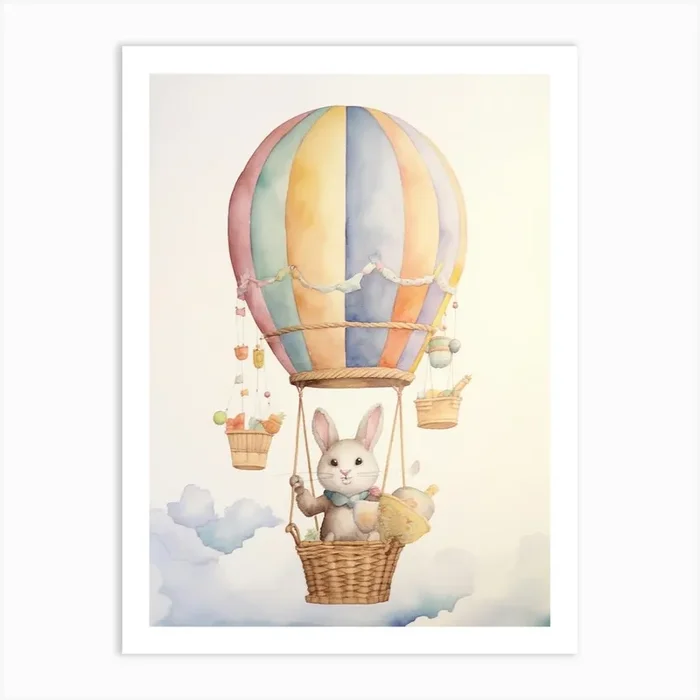 Baby Rabbit 3 In A Hot Air Balloon Art Print by Scribble Studio