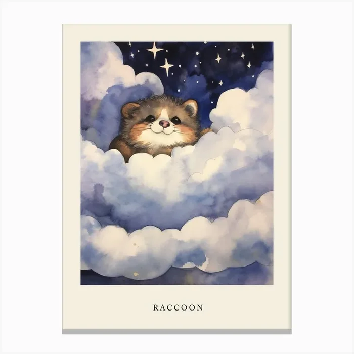 Baby Raccoon 1 Sleeping In The Clouds Nursery Poster Canvas Print by Scribble Studio