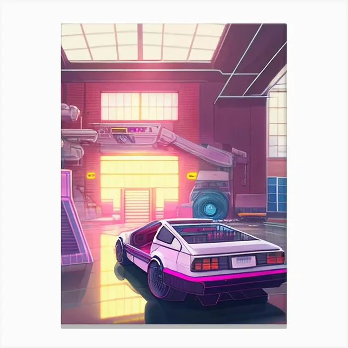 Back To The Future Lab Delorean Vaporwave Pink Canvas Print by Fusion Designs