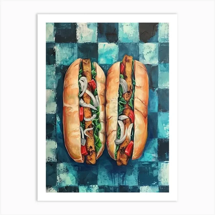 Baguette Checkered Blue Painting 1 Art Print by Artful Appetite